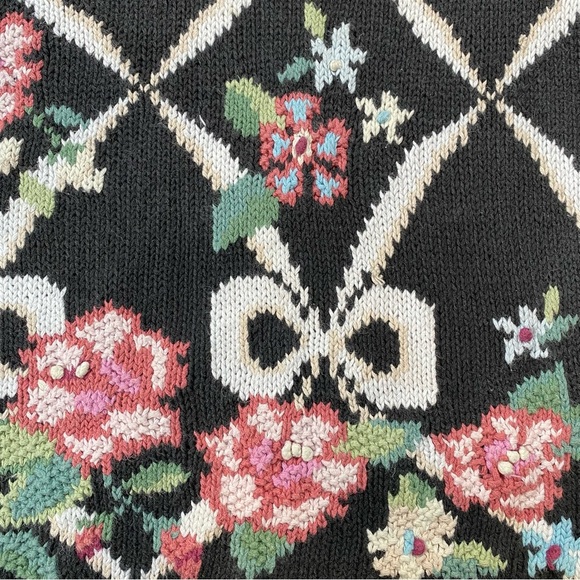Vintage 80s Beldoch Popper Black Floral Mock Neck Knit Sweater - Picture 4 of 8